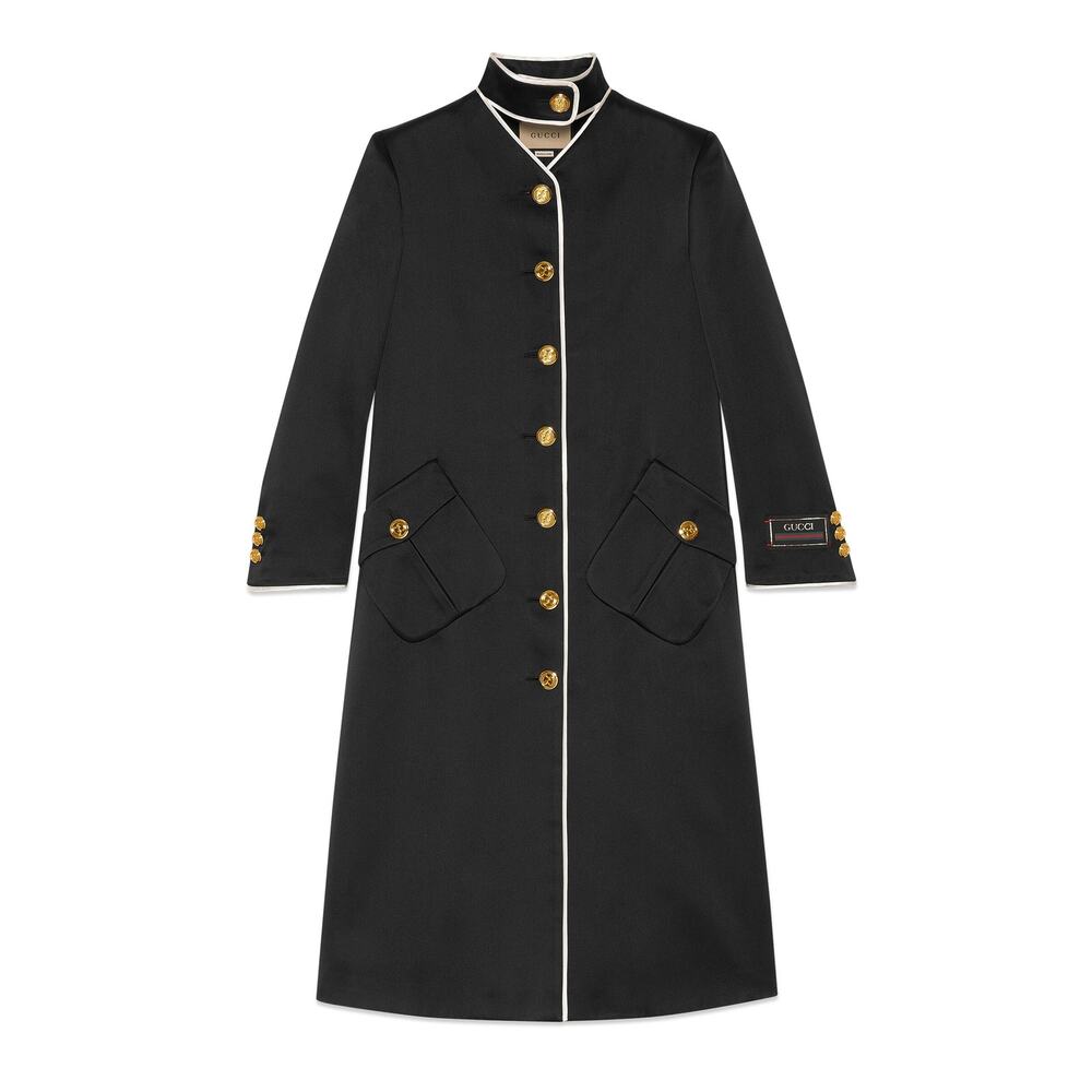 Gucci Piped-trim Single-breasted Silk Button Coat Long Jacket In Black IT 40